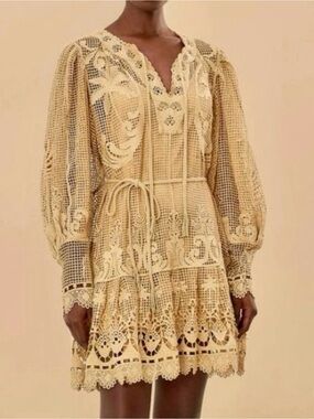 Farm Rio Lace Crochet Mini Dress in Cream